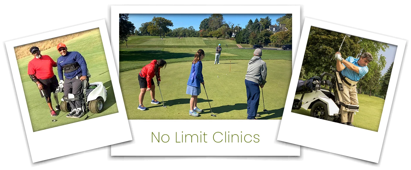 Photos of adaptive golfers using an assistive golf cart and during a No Limit Clinic
