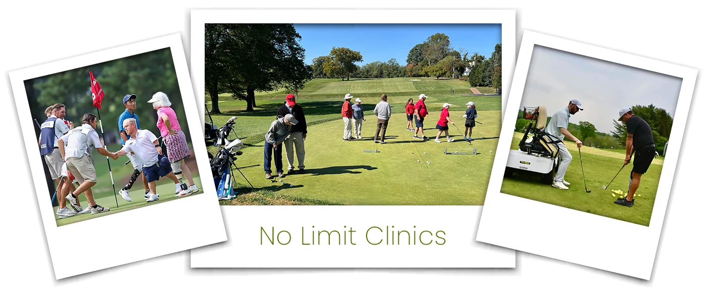 Photos of adaptive golfers using assistive golf carts and during a No Limit Clinic